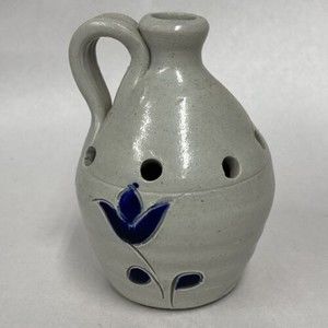 Salt Glazed Williamburg Pottery Jug Small Vase Cobalt Blue Leaves Flowers Decor
